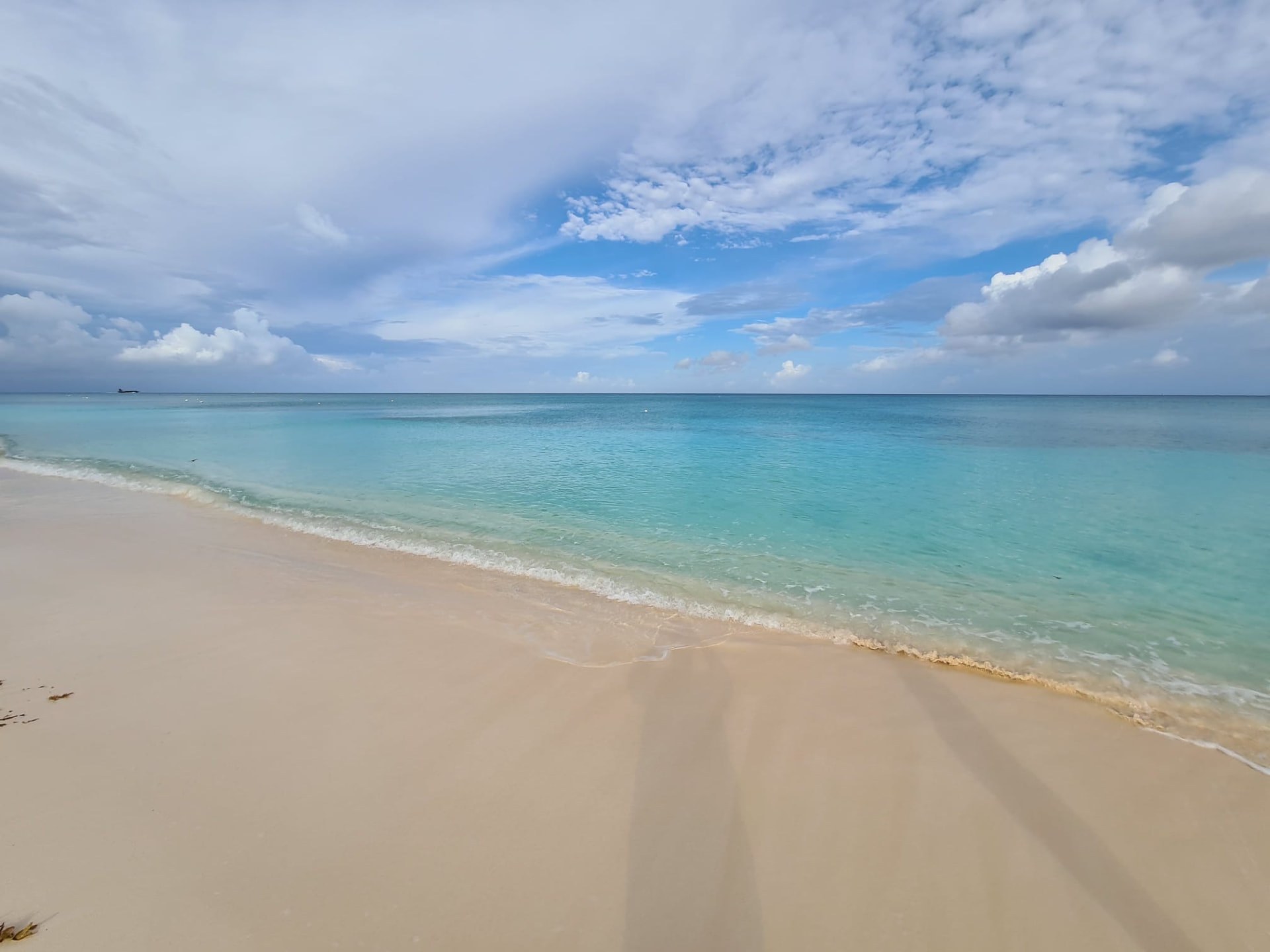 Open turquoise ocean and a pale sand shoreline on a bright tropical beach