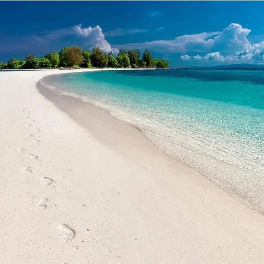 Footprints trailing along white sand beside clear turquoise water toward a forested point