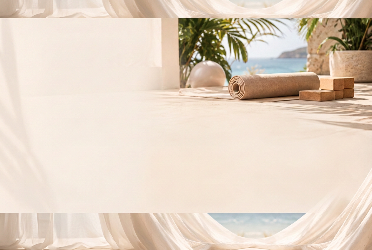 A rolled cork yoga mat, blocks and a small ball on a sunlit terrace with palm plants and the ocean beyond